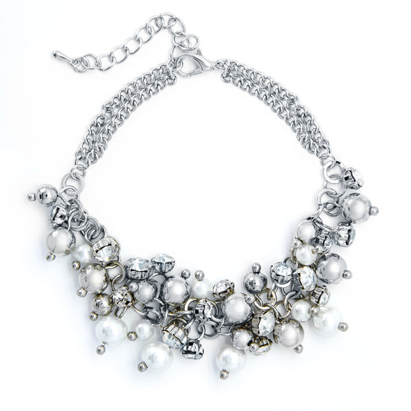 Silver tone clutter pearl charm bracelet