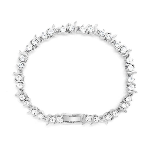 Silver tone link bracelet with clear crystals