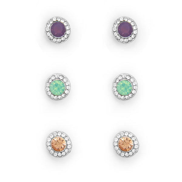 3 Pack Silver Stud Earrings with colour crystals