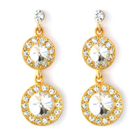 Gold tone round hanging earrings with clear crystals