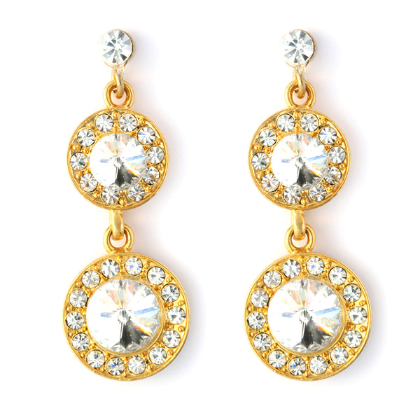 Gold tone round hanging earrings with clear crystals