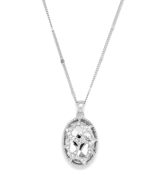 Silver tone oval pendant with large clear crystal