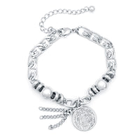 Stainless Steel Silver Flat Link Bracelet With Medallion Charm