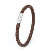 Mens Stainless Steel Woven Brown Leatherette Bracelet