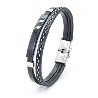 Mens Black and Silver 2 Row Stainless Steel Leatherette Bracelet