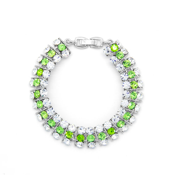 3 strand bracelet with green and clear crystals