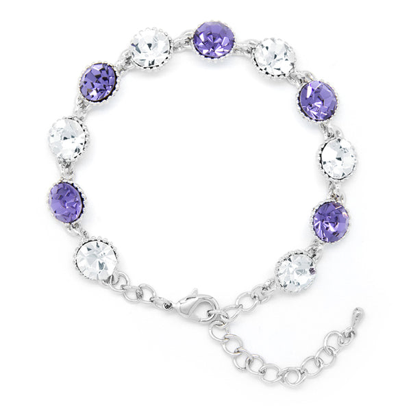 Silver tone link bracelet with purple and clear crystals