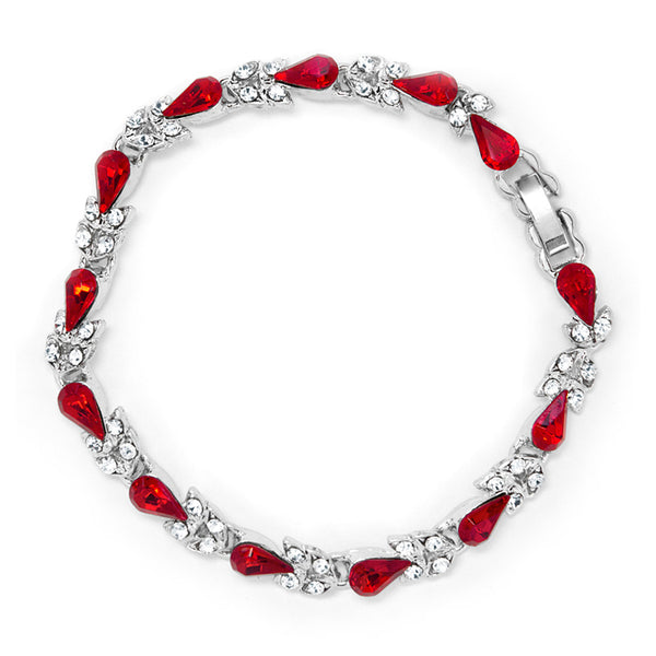 Tear drop link bracelet with red and clear crystals