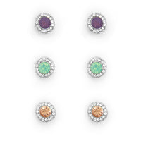 3 Pack Silver Stud Earrings with colour crystals