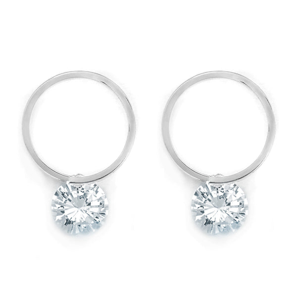 Silver Tone Circular Stud Earring With Crystal Drop
