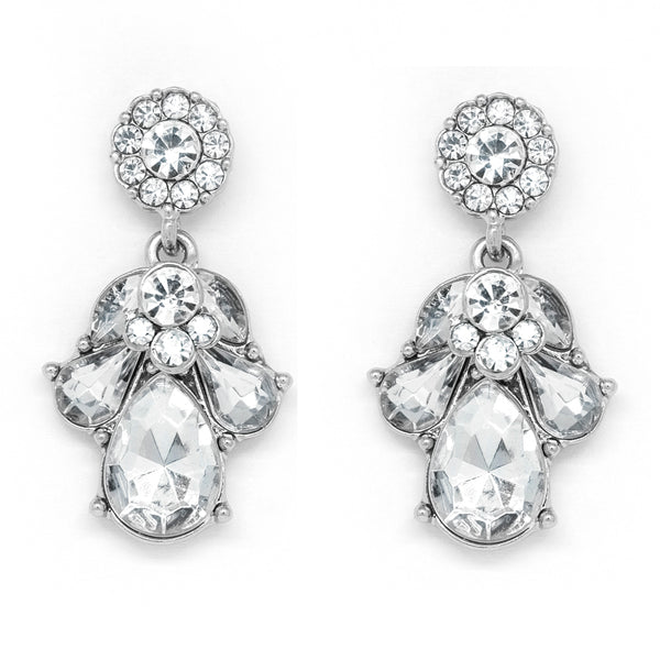 Silver tone flower drop earrings with clear crystals