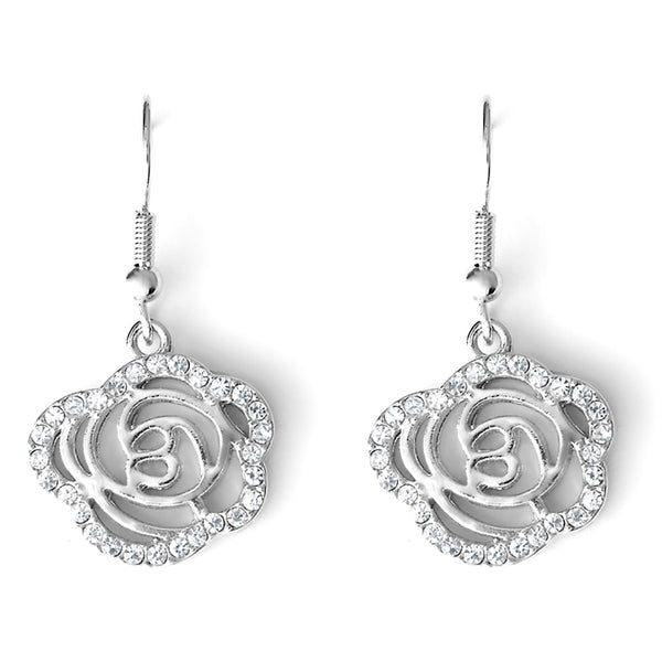 Silver tone drop rose earrings with clear crystals