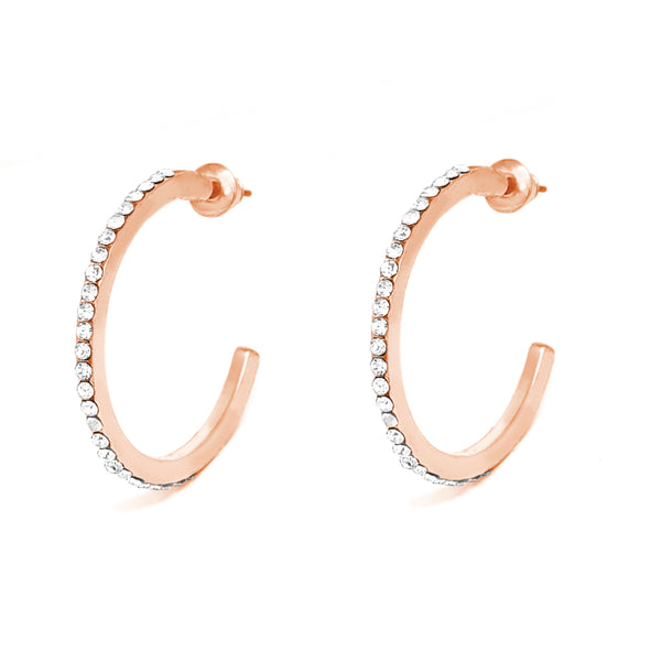 Rose Gold Tone Hoops With Clear Crystals