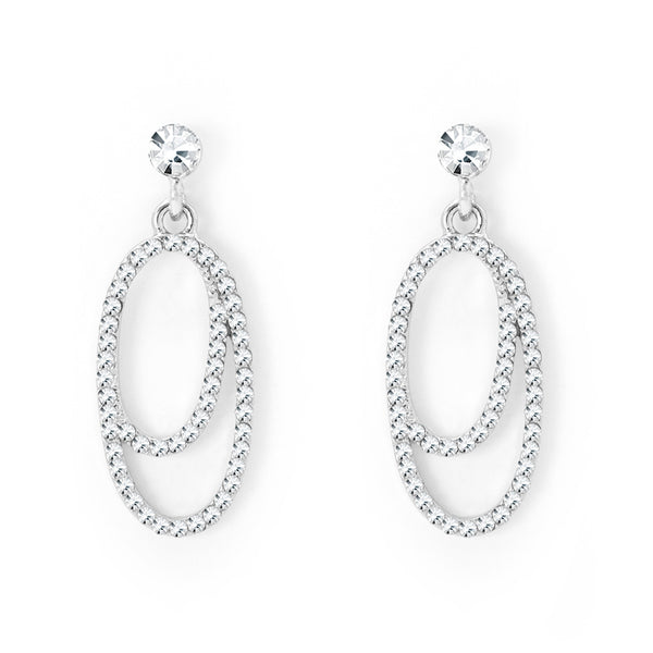 Silver Tone Oval Earrings With Clear Crystals