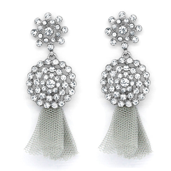 Silver Tone Crystal & Mesh Drop Earrings
