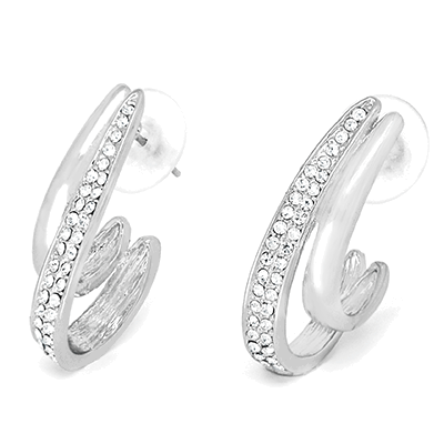 Silver tone double row huggie earrings with clear crystals