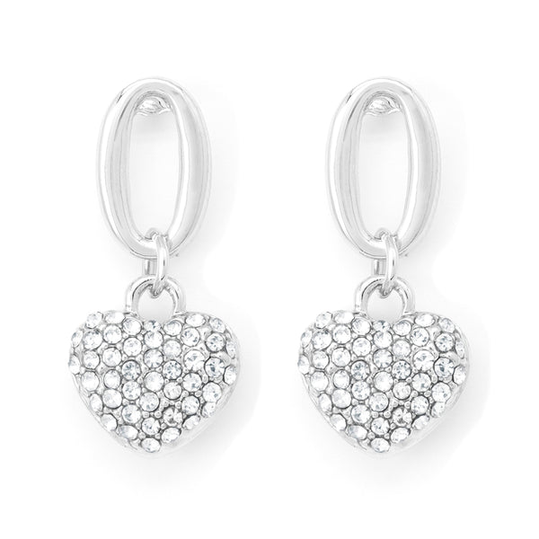 Heart charm earrings encrusted with clear crystals