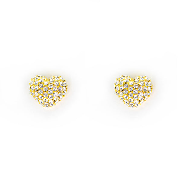 Gold Tone Heart Earrings Encrusted With Clear Crystals