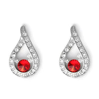 Silver tone teardrop earrings with red crystal