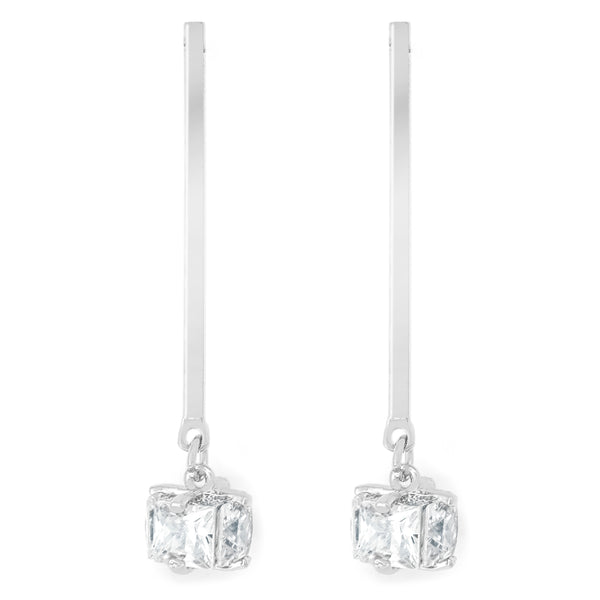 Silver tone bar drop earrings with cubic crystal