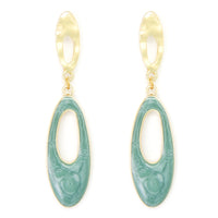 Long oval earrings with green acrylic inlay.