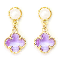 Gold tone drop earrings with purple crystal