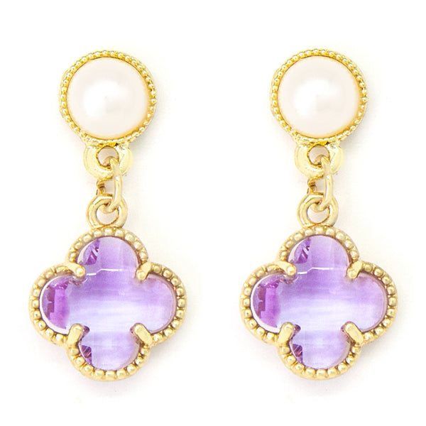 Gold tone drop earrings with purple crystal