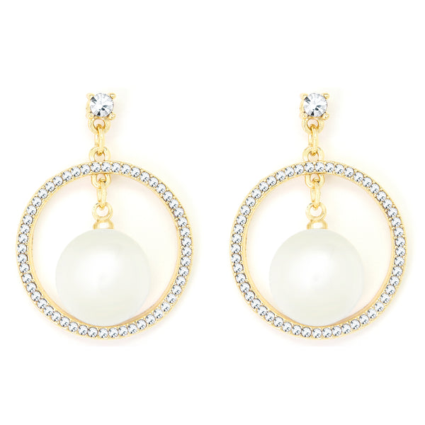 Round gold earrings with clear crystal border
