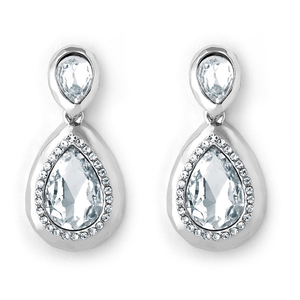 Silver tone teardrop earrings with clear crystals