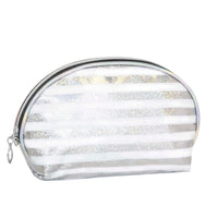 Oval silver and white stripe shimmer cosmetic bag