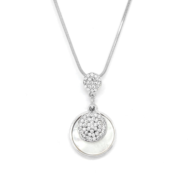 Silver tone round pendant with acrylic pearl inlay and clear crystals
