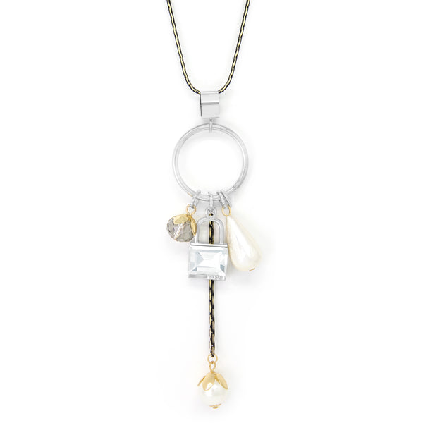 Silver tone drop pendant with lock charm