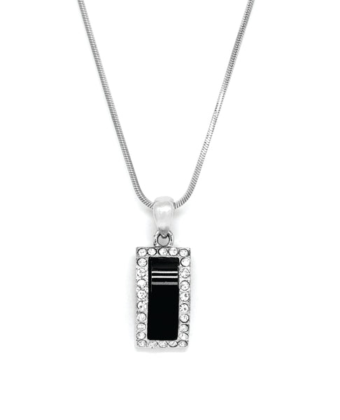 Silver tone rectangular pendant with black acrylic inlay