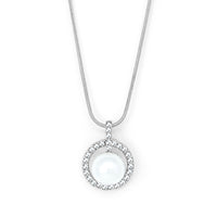 Silver tone round pendant with pearl and clear crystals