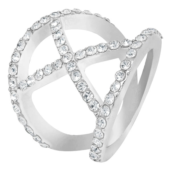 Silver tone ring with centre cross crystals and surrounding crystals