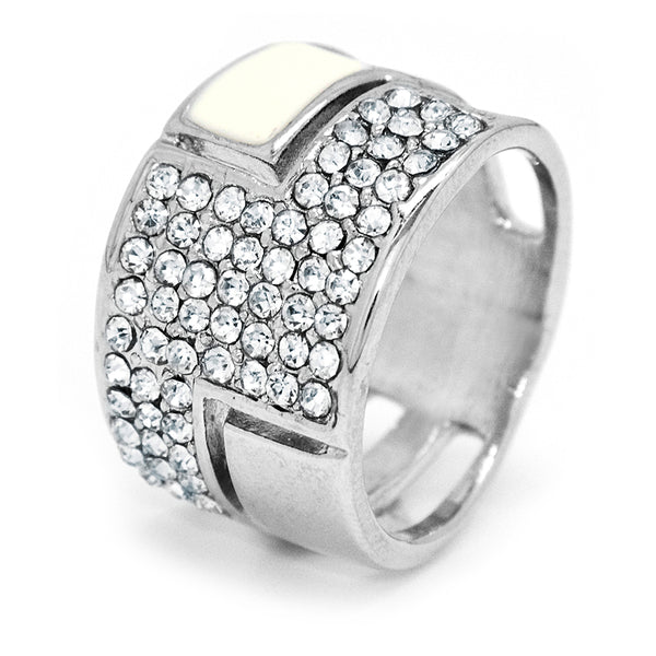Silver tone ring with square crystals