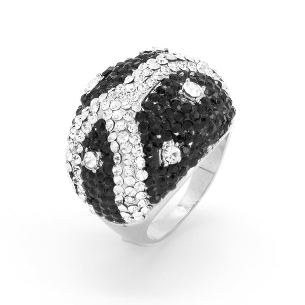 Silver Tone Chunky Ring Encrusted With Onyx & Clear Crystals