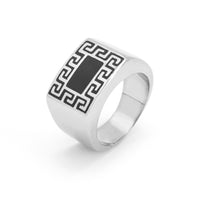 Silver Tone Square Face Ring With Black Design