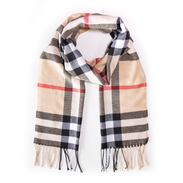 Tan, black and red check print scarf