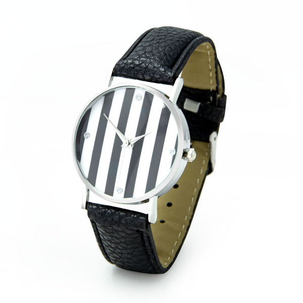 Black Leatherette Strap Watch With Black and White Stripe Face