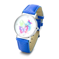 Blue Leatherette Strap Watch With Multicolour Butterfly Face