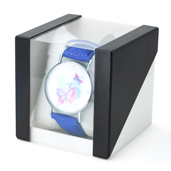 Blue Leatherette Strap Watch With Multicolour Butterfly Face