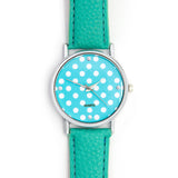 Turquoise Leatherette Strap Watch With White Polkadot Face