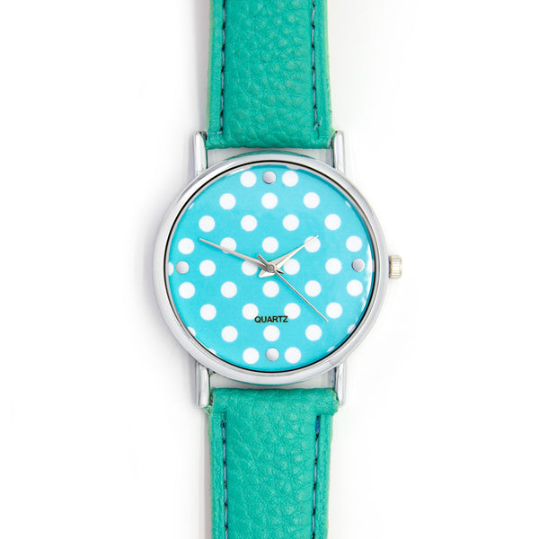 Turquoise Leatherette Strap Watch With White Polkadot Face