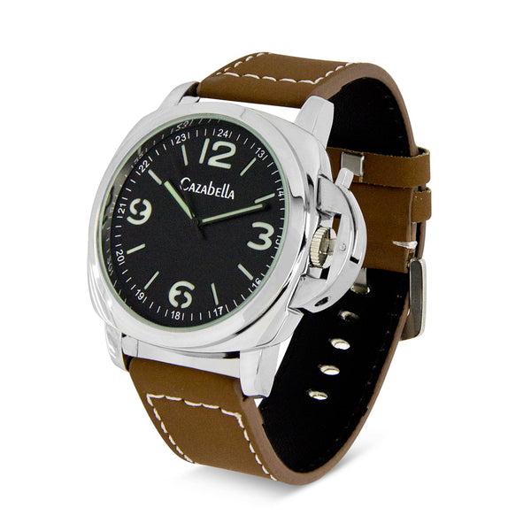 Men's Round Silver Tone Watch With Tan L