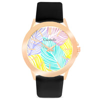 Ladies black leatherette strap watch with palm leaf face