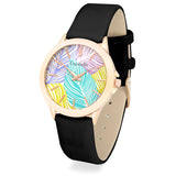 Ladies black leatherette strap watch with palm leaf face